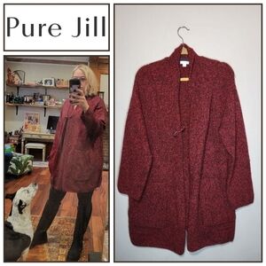 J.Jill Pure Jill Large Red Black Speckled Wool Blend Long Cardigan Sweater Coat